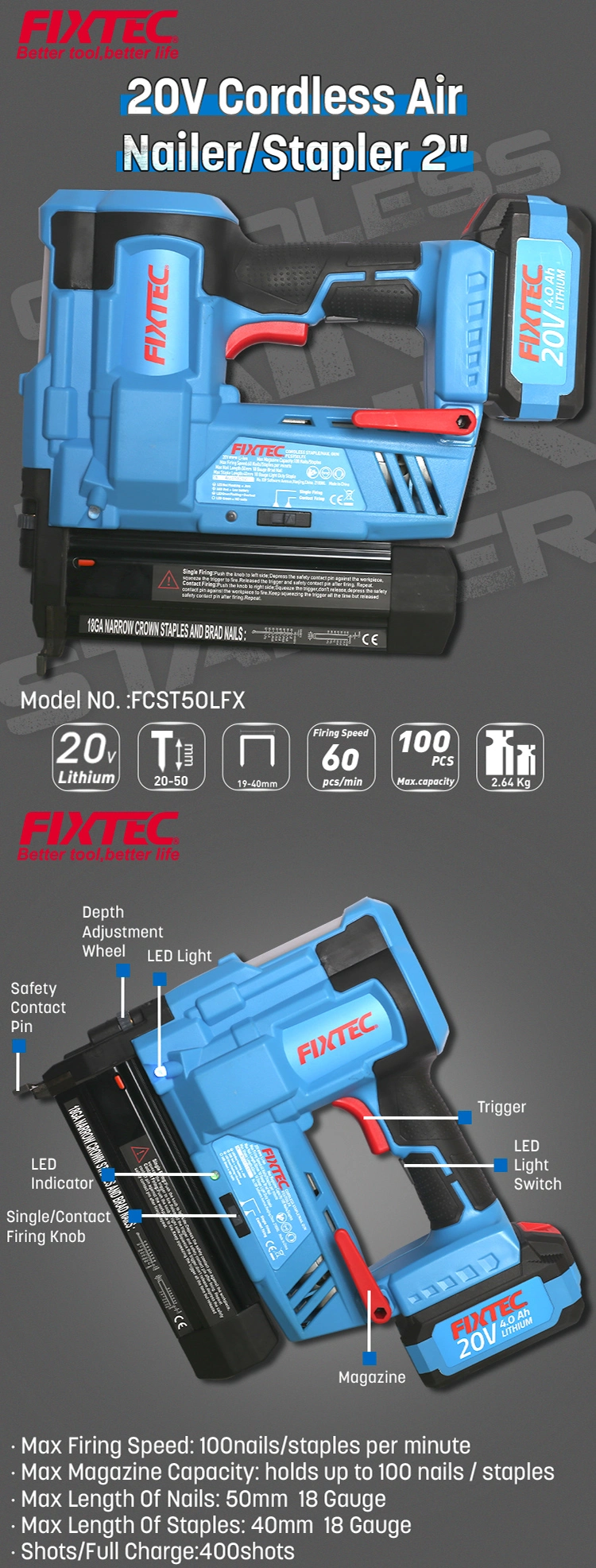 Fixtec 100nails/Staples Per Minute 18 Gauge 2 Inch 20V Cordless Air Nailer Stapler Brad Nailer